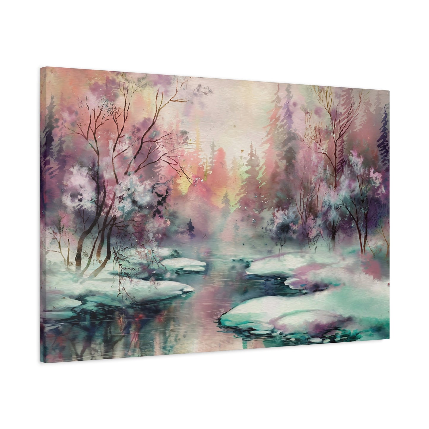 Winter Forest Stream Watercolor Canvas Wall Art