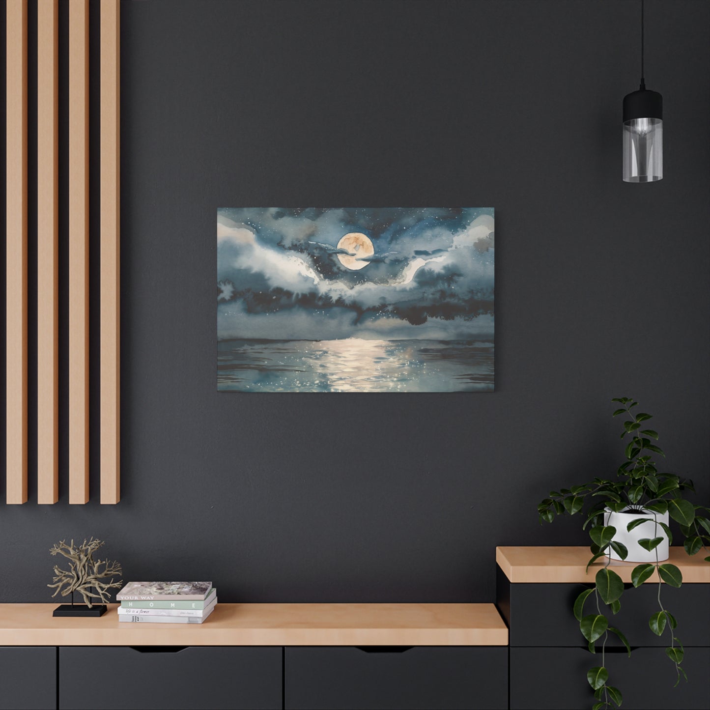 Full Moon Over Ocean Watercolor Canvas Wall Art