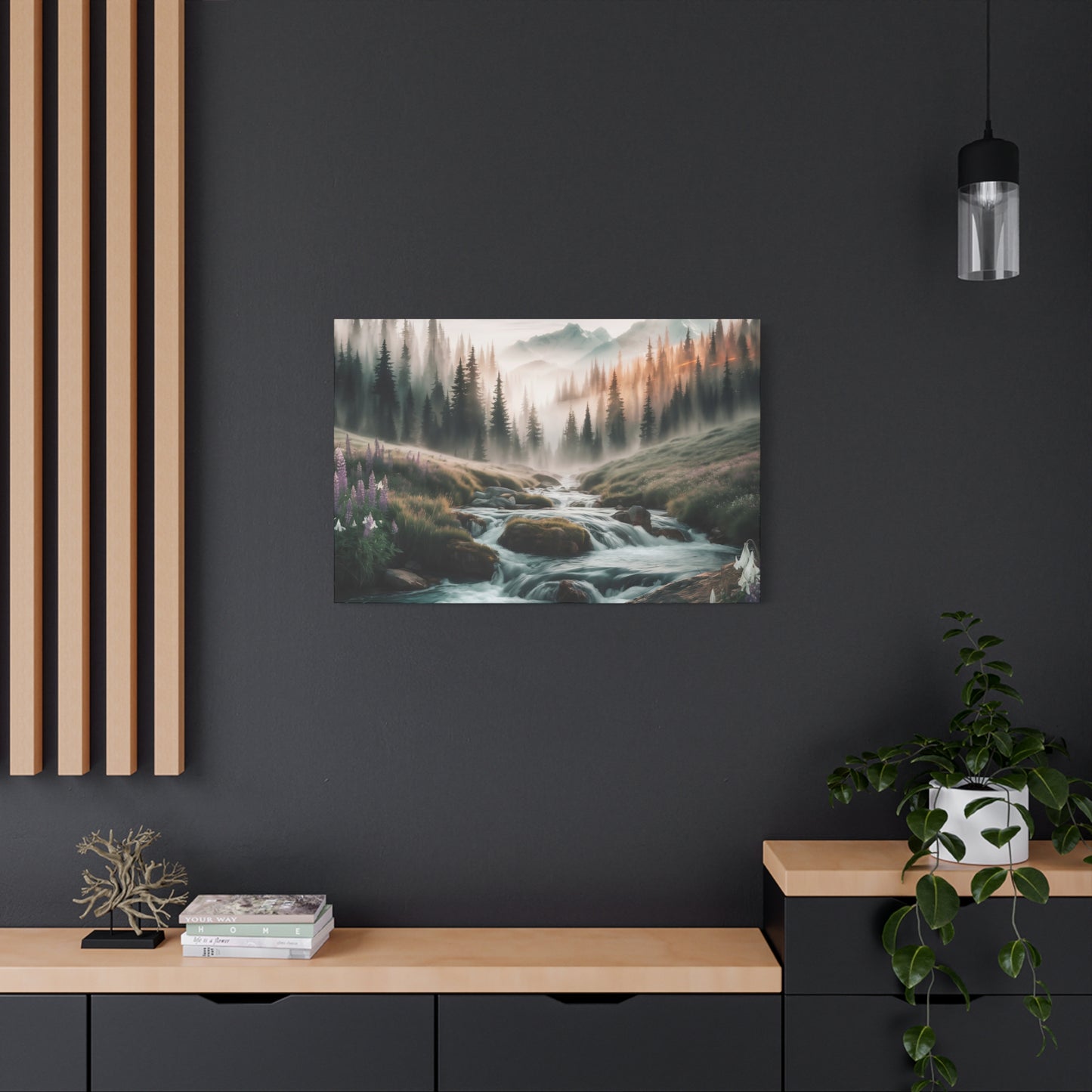 Misty Mountain Stream Watercolor Canvas Wall Art
