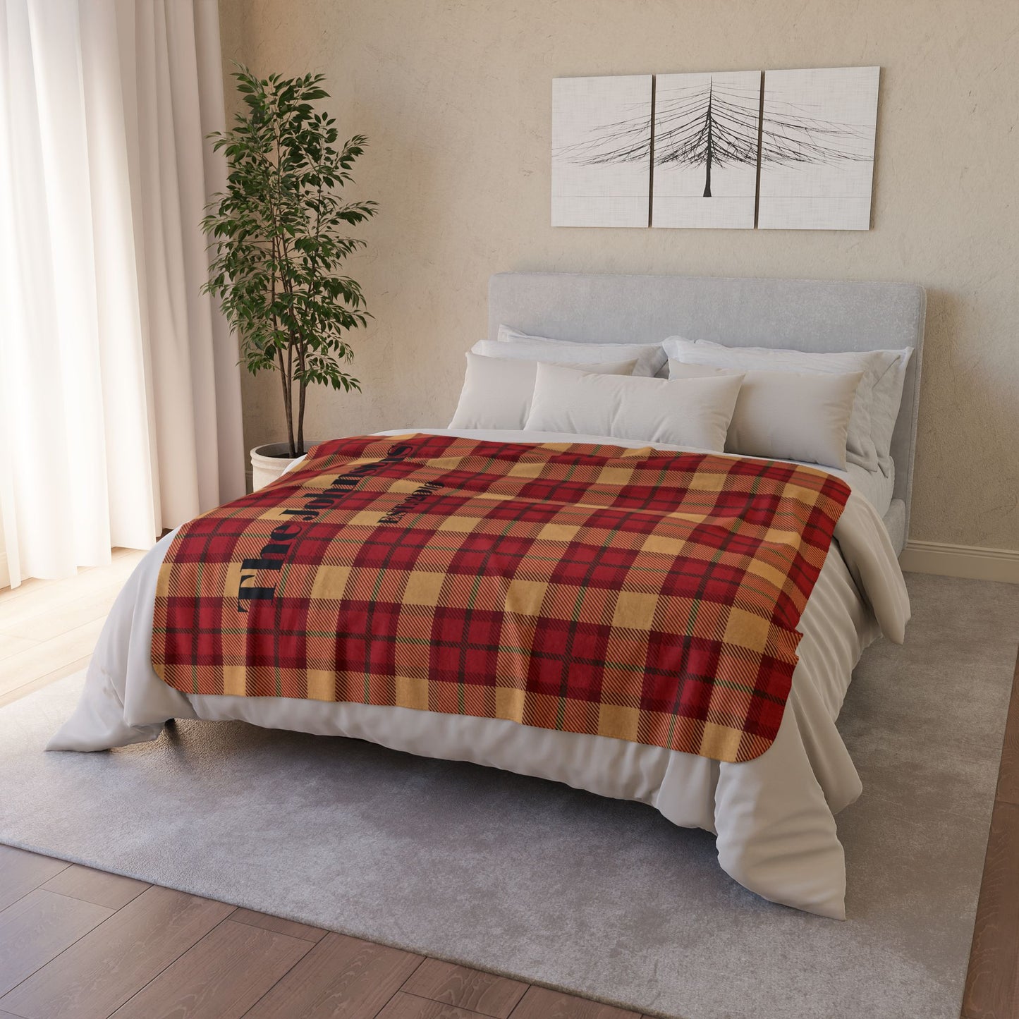 Custom Family Name Plaid Sherpa Blanket - Red & Tan Buffalo Check