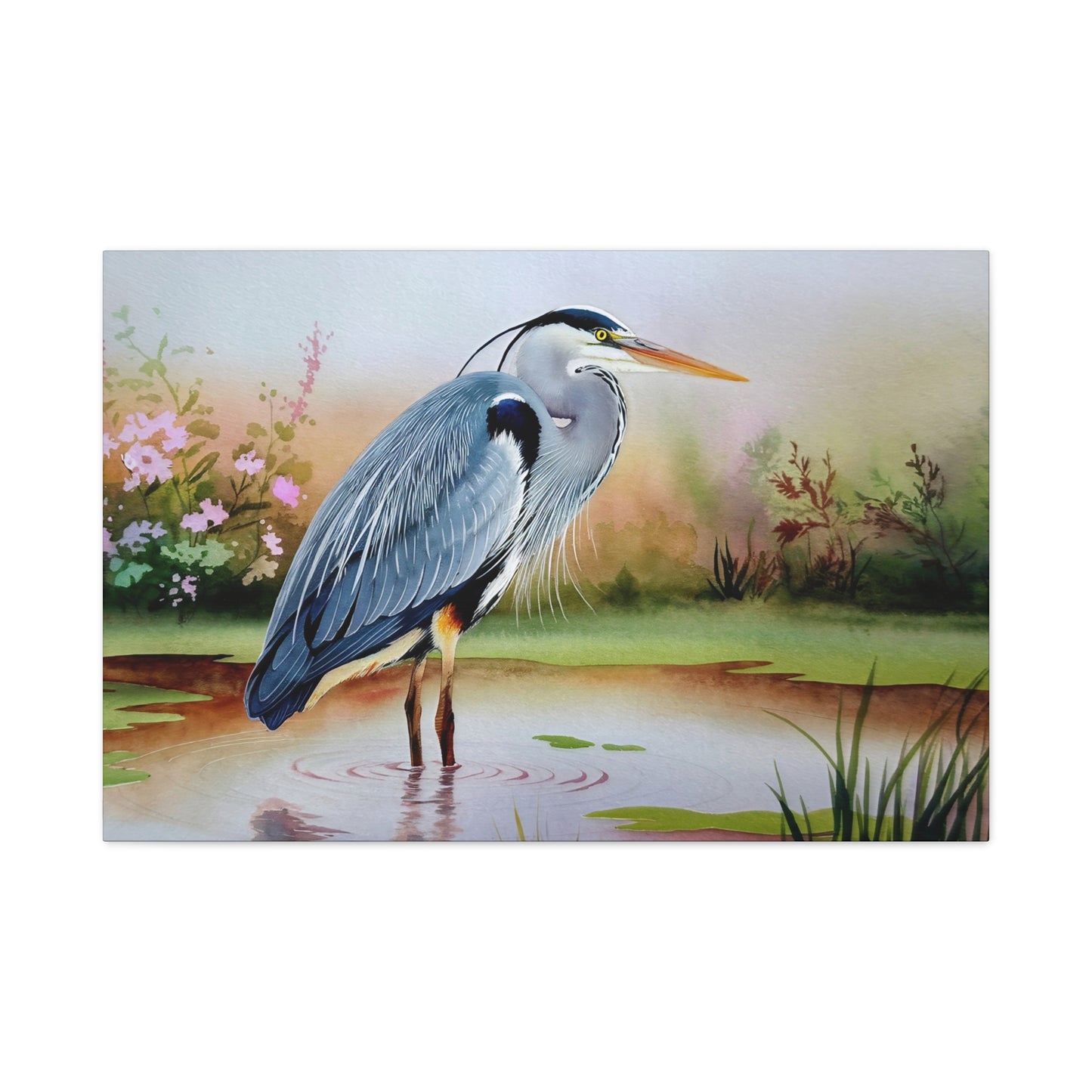 Blue Heron Standing In Water Watercolor Canvas Wall Art