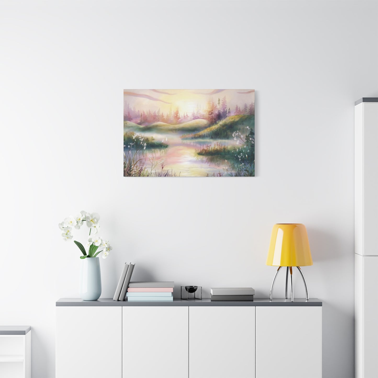 Dreamy Pink Woodland Sunrise Watercolor Canvas Wall Art
