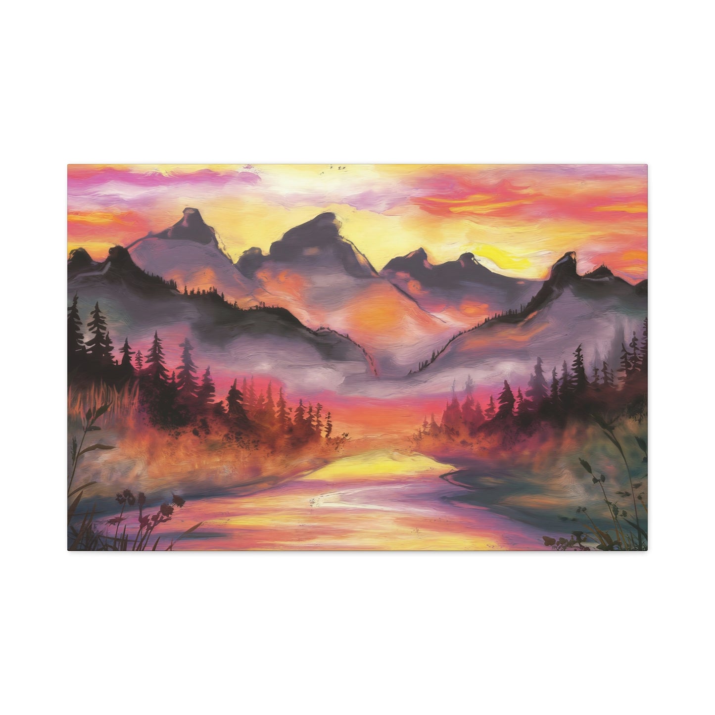 Dreamy Mountain Woodland Sunset Watercolor Canvas Wall Art