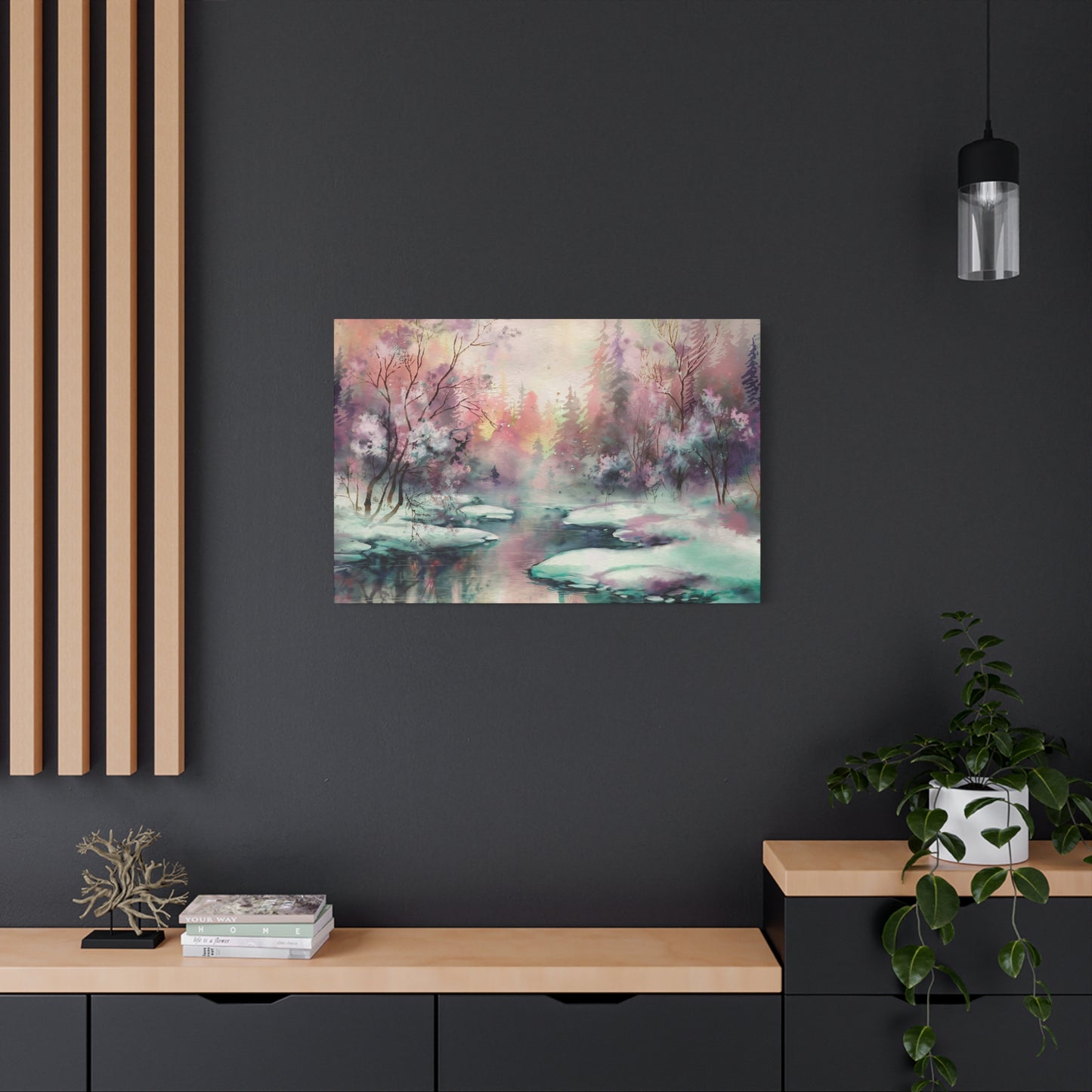 Winter Forest Stream Watercolor Canvas Wall Art