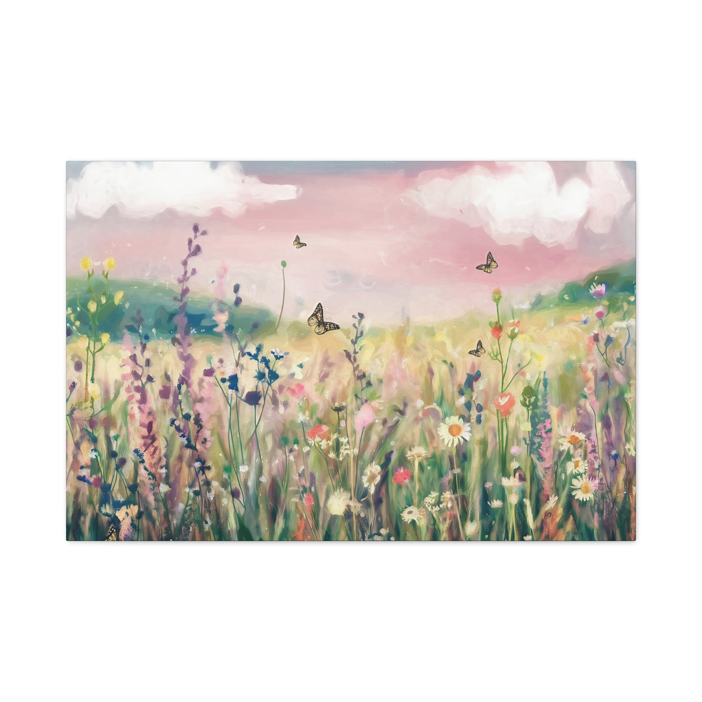 Wildflower Meadow With Butterflies Watercolor Canvas Wall Art