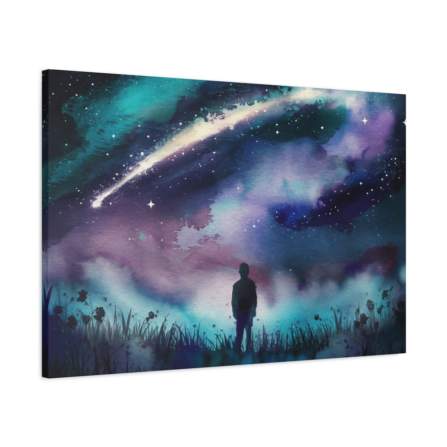 Man Looking Up At Starry Night Watercolor Canvas Wall Art