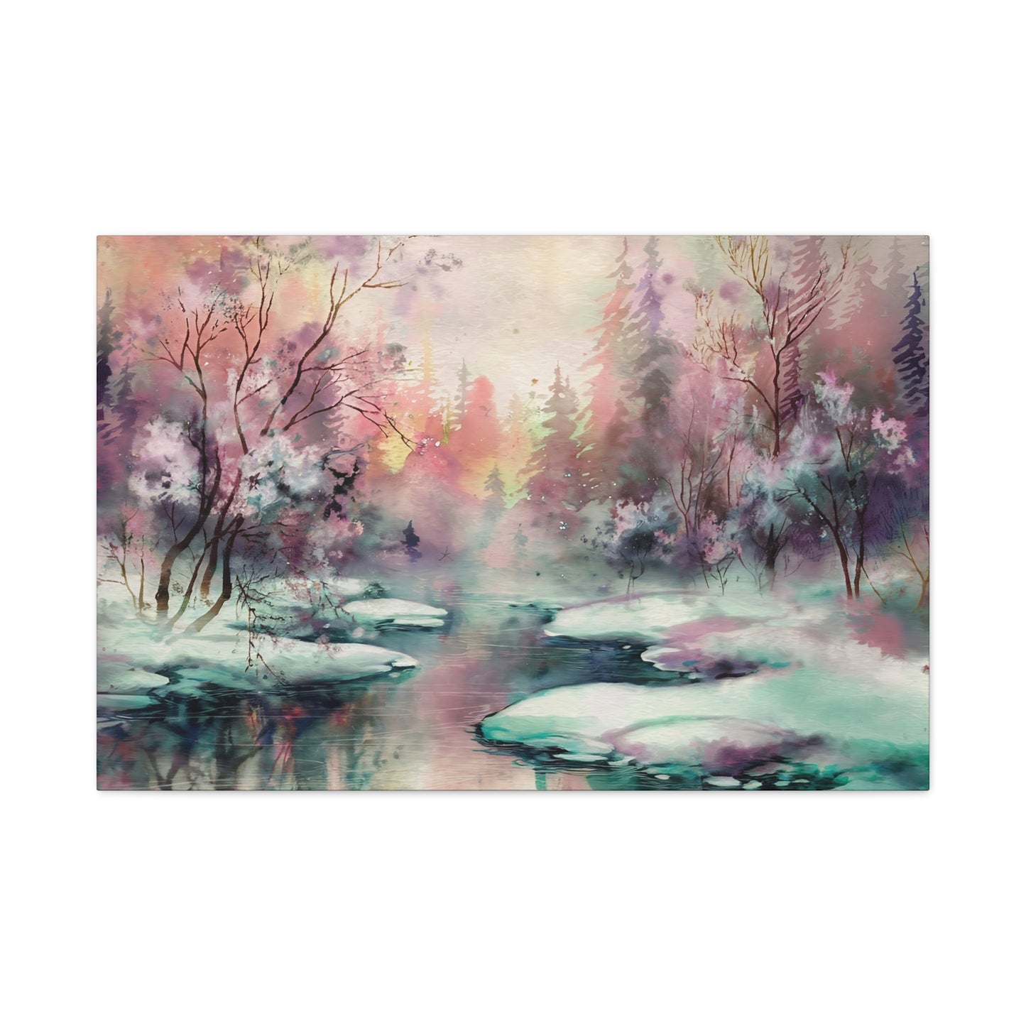 Winter Forest Stream Watercolor Canvas Wall Art
