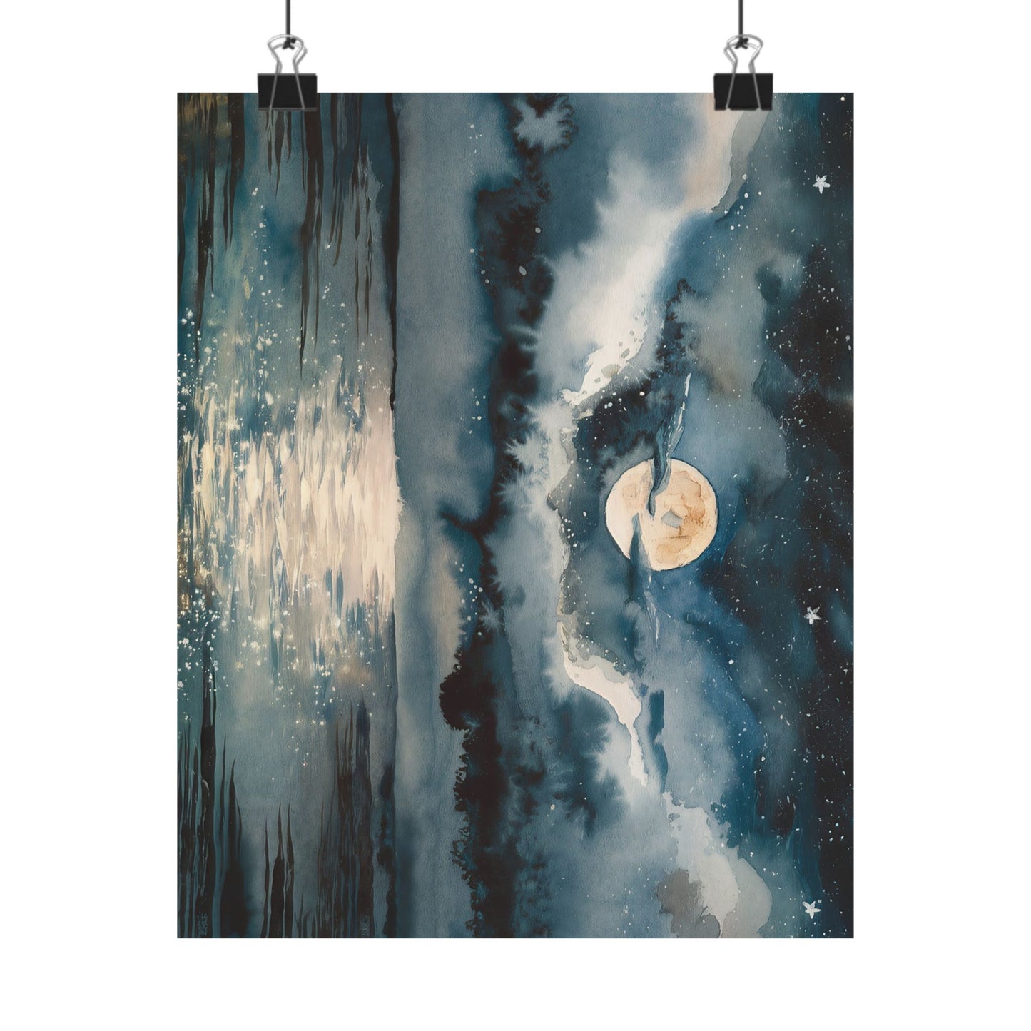 Full Moon Over Ocean Watercolor Poster