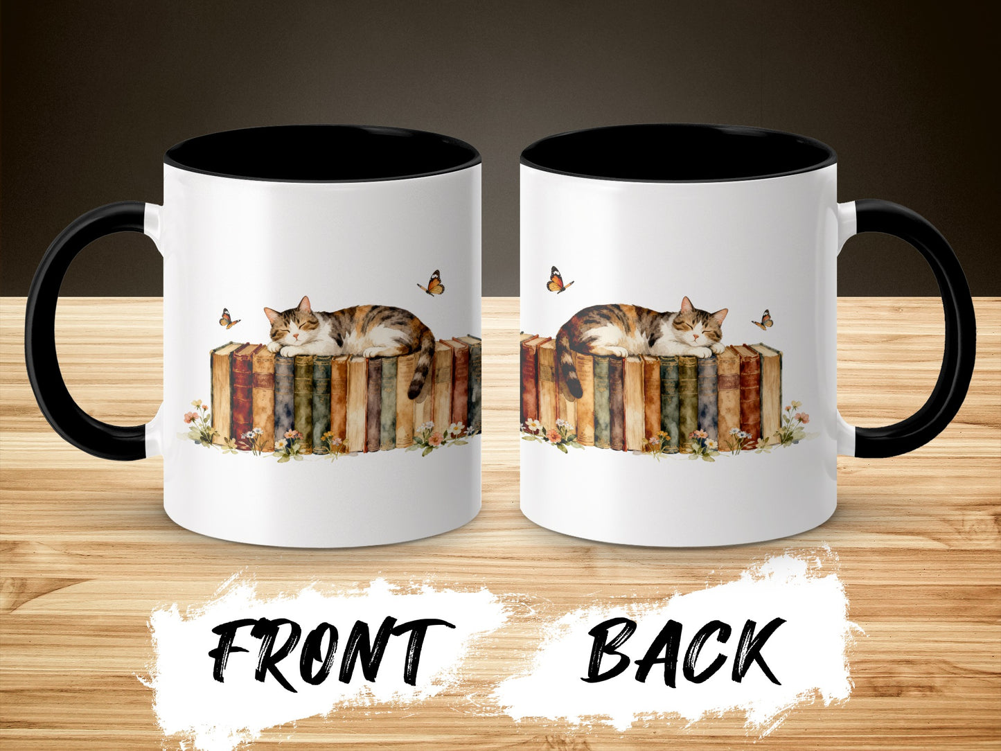 Cat Sleeping on Books with Butterflies Mug product type