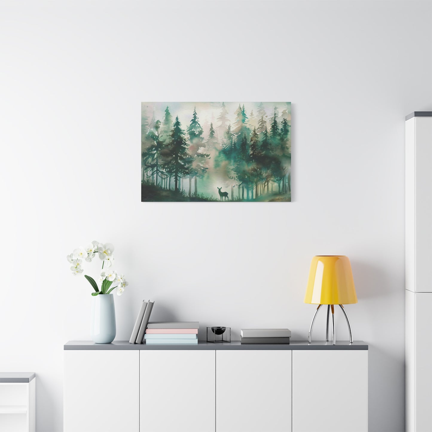 Pine Forest With Deer Watercolor Canvas Wall Art