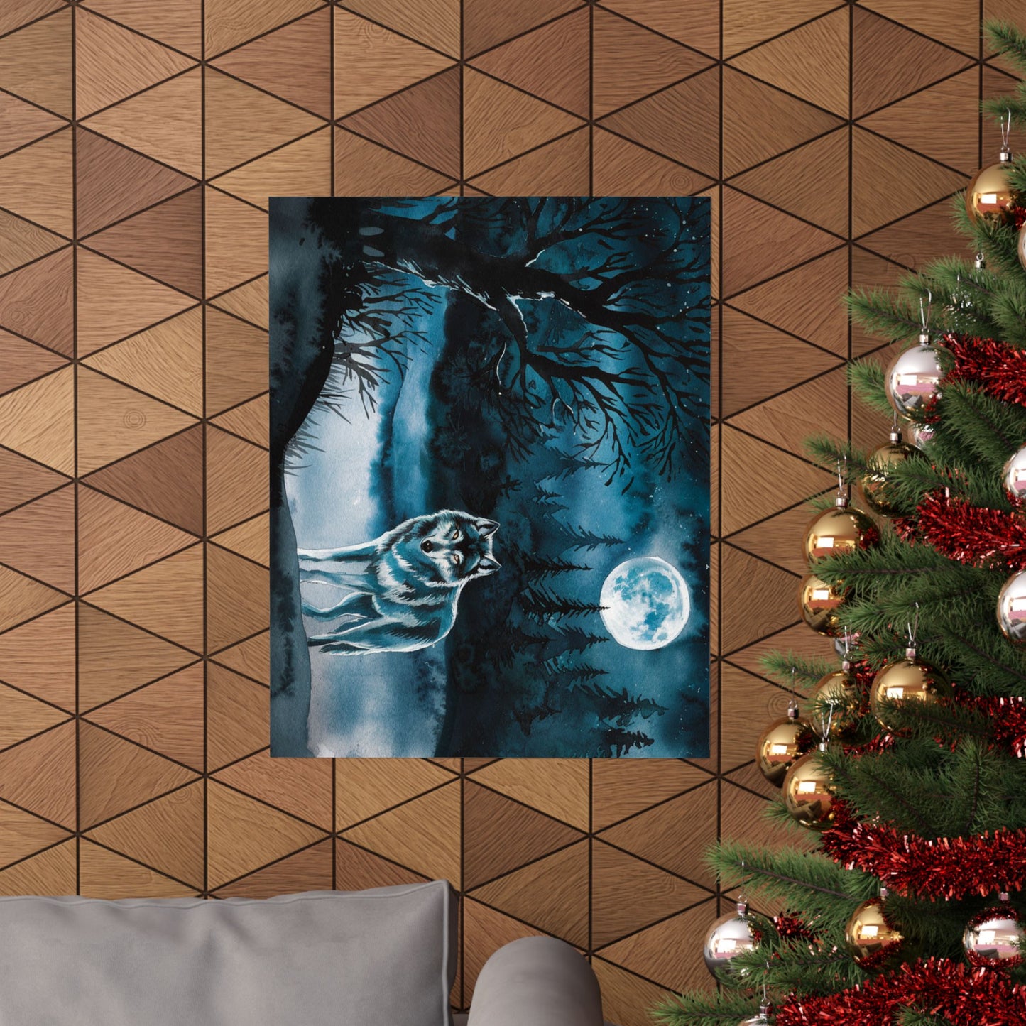 Wolf At Night Watercolor Poster