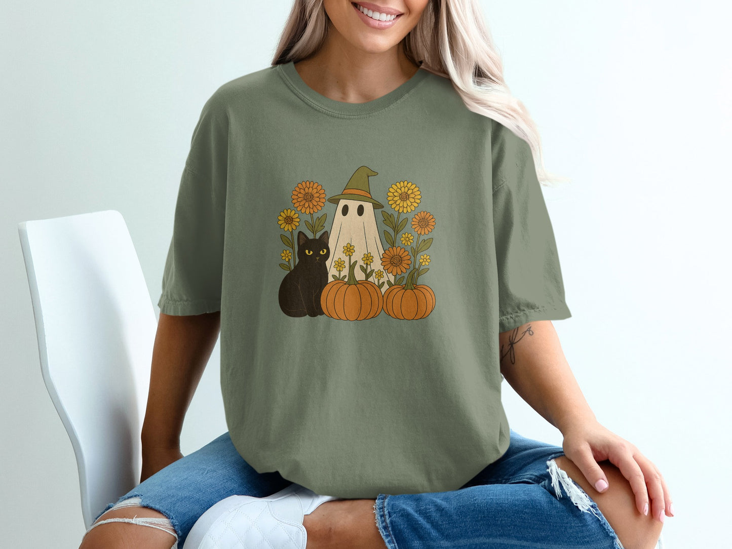 Pumpkin Ghost Sunflower Halloween Cat Graphic product