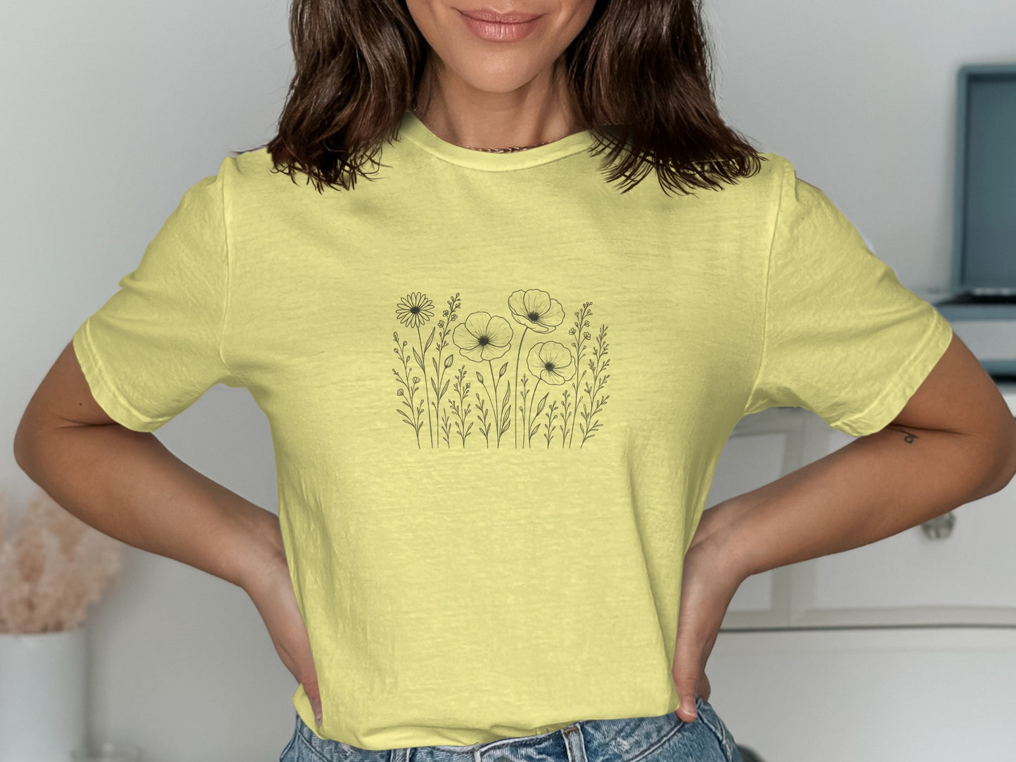 Floral Graphic Yellow Tee for Casual Wear