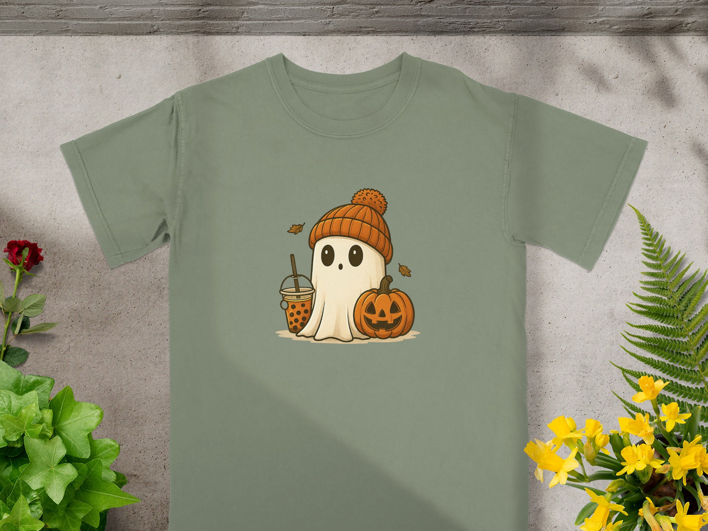 Cute Ghost with Pumpkin and Boba T-Shirt product type