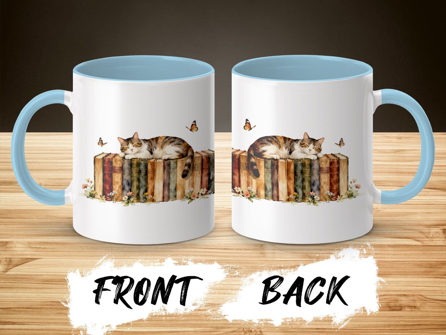 Cat Napping On Books With Butterflies Mug product type