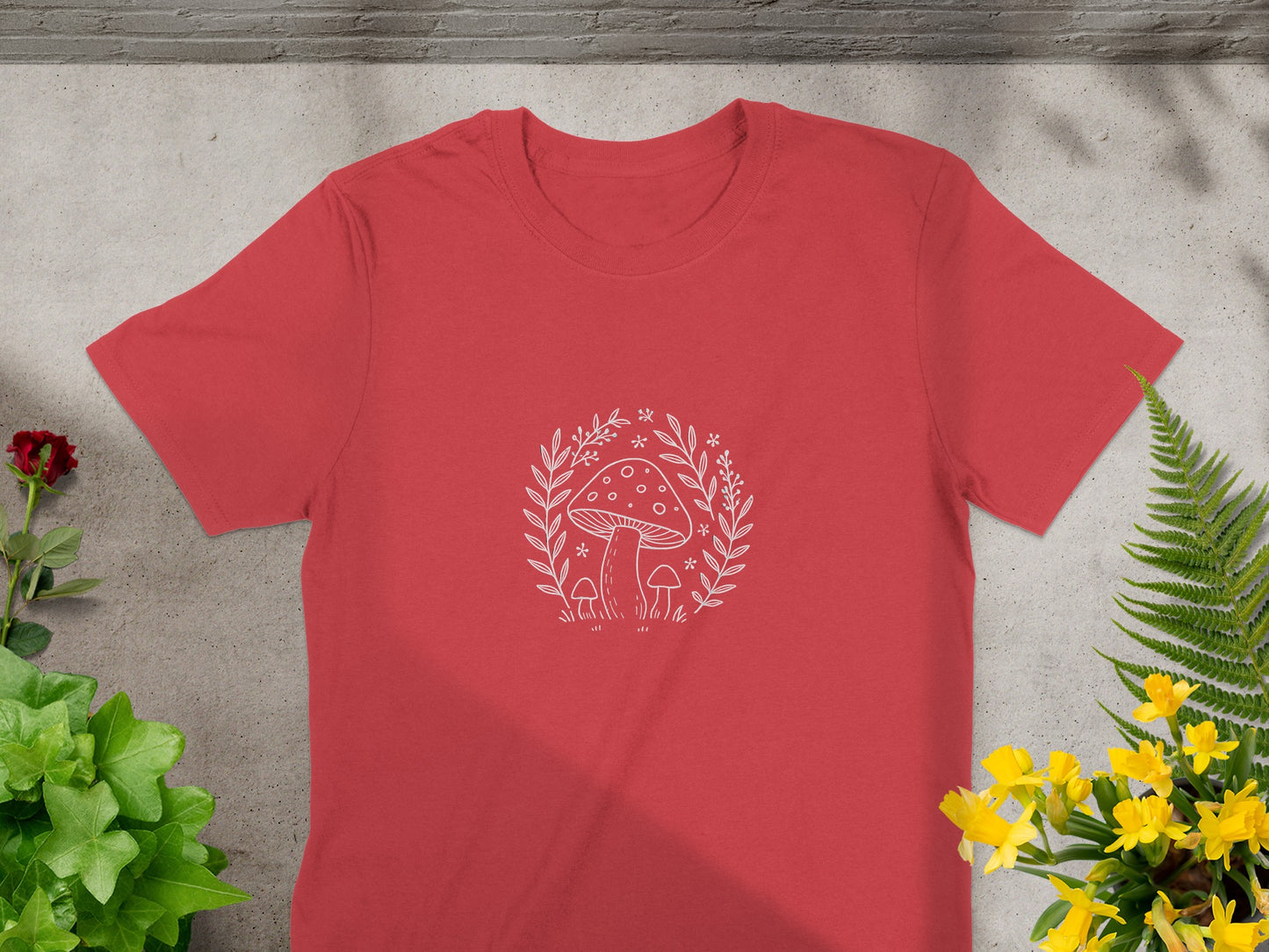 Red T Shirt with Cute Mushroom and Leaf Design product type