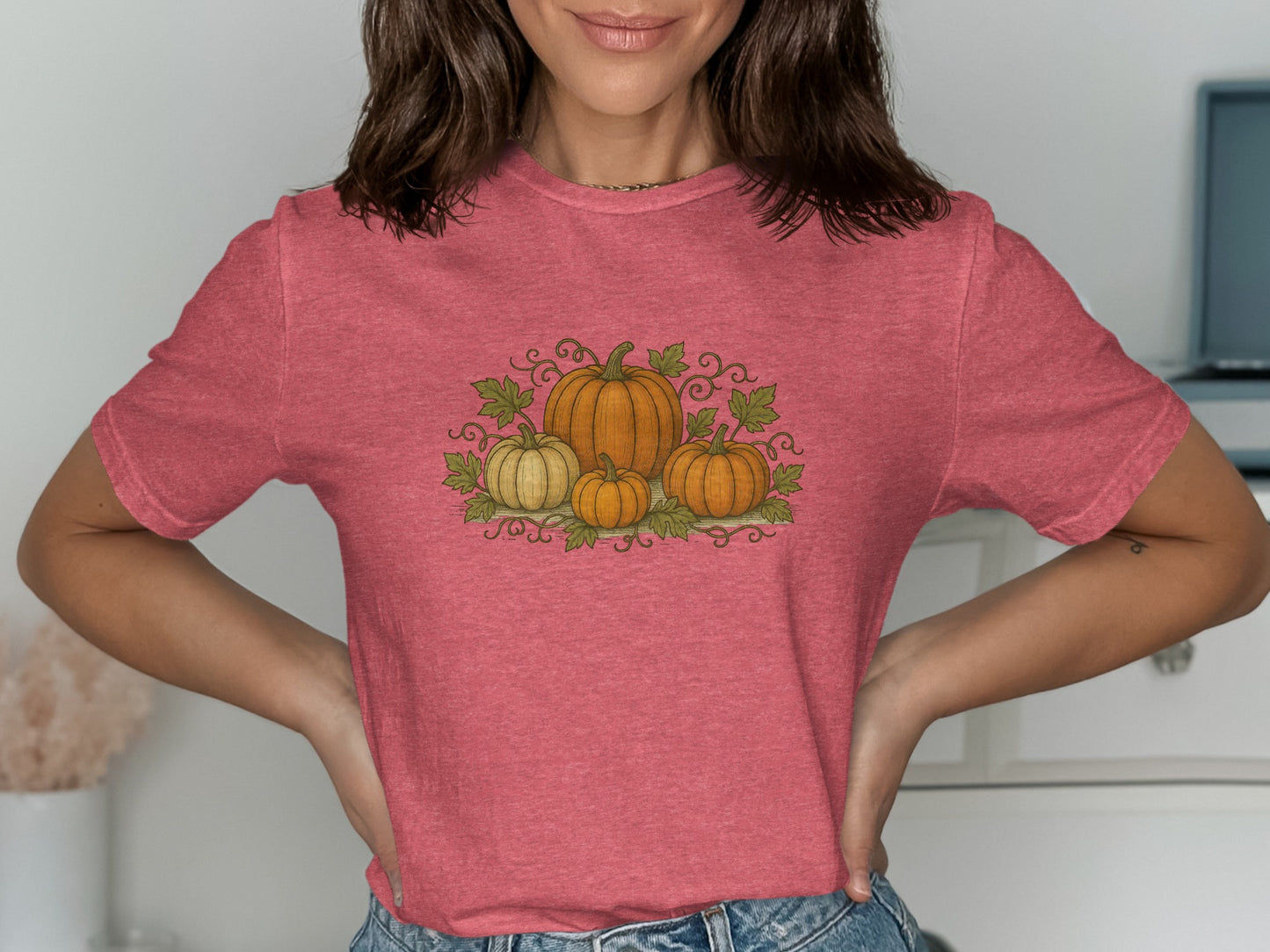 Cozy Pink T-shirt with Rustic Pumpkin Design product