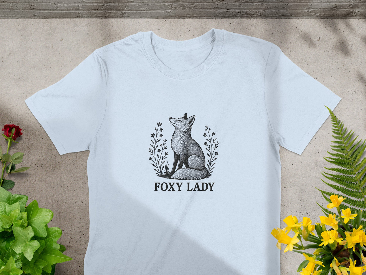 Foxy Lady with Sitting Fox and Flowers T-Shirt product type