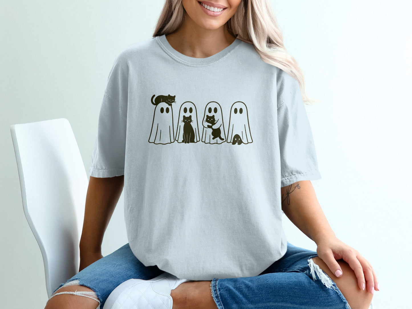 Adorable Ghosts and Cats Design on White Shirt product