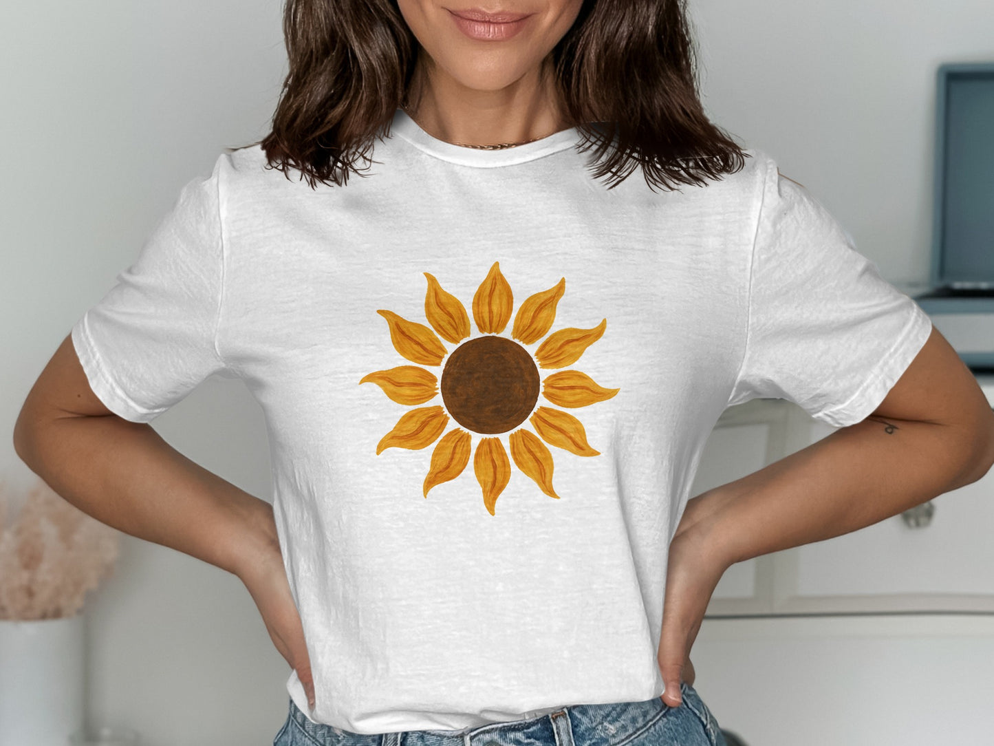 Sunflower graphic on white short sleeve shirt product type