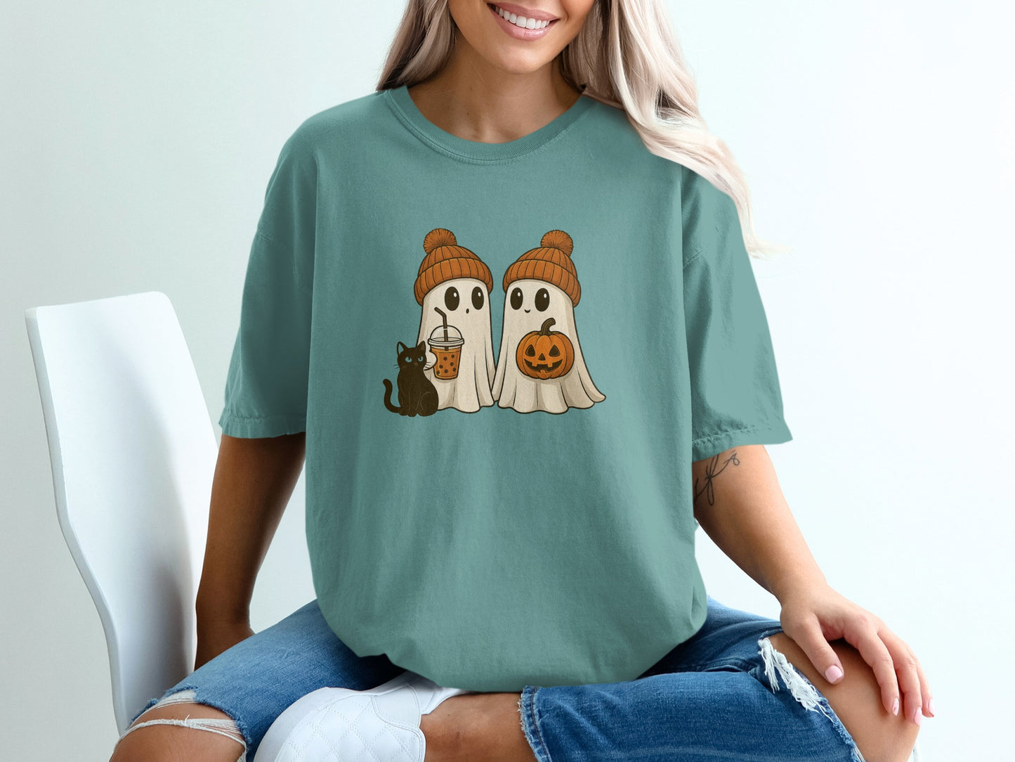 Cute Ghosts and Black Cat Halloween T-Shirt product type