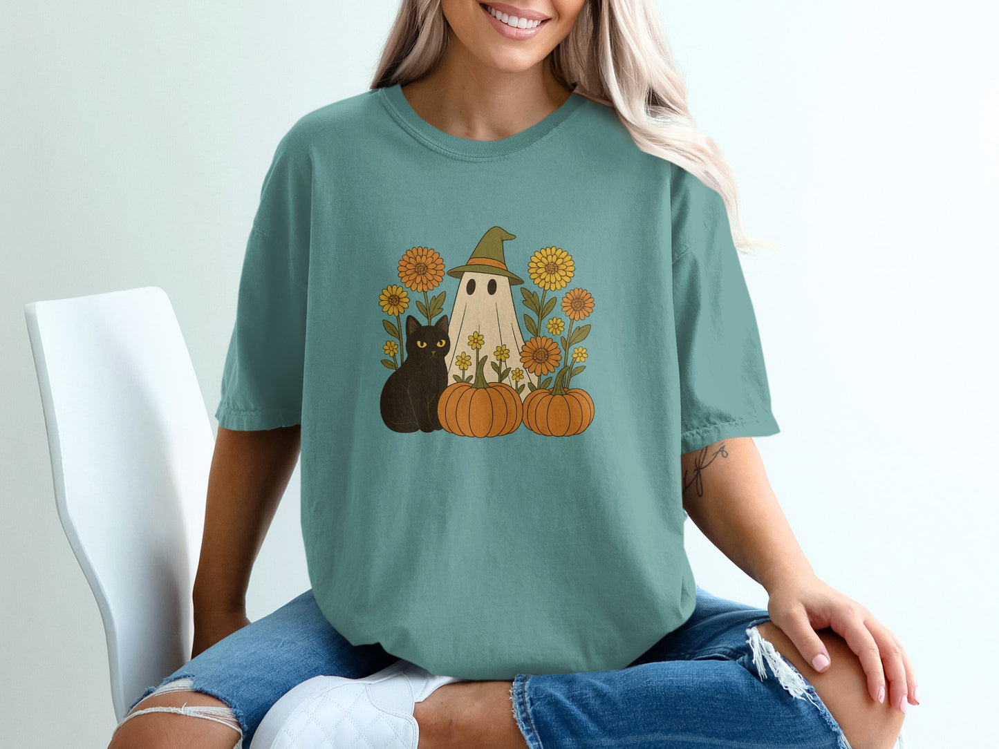 Halloween Ghost with Cats and Pumpkins T-Shirt product type