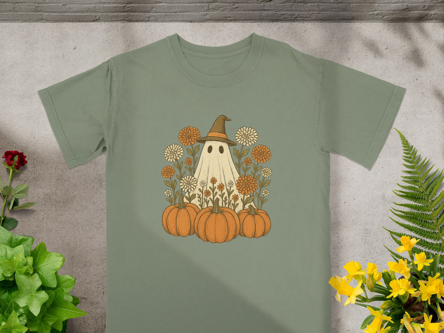 Cute Ghost Surrounded by Pumpkins and Flowers T-shirt