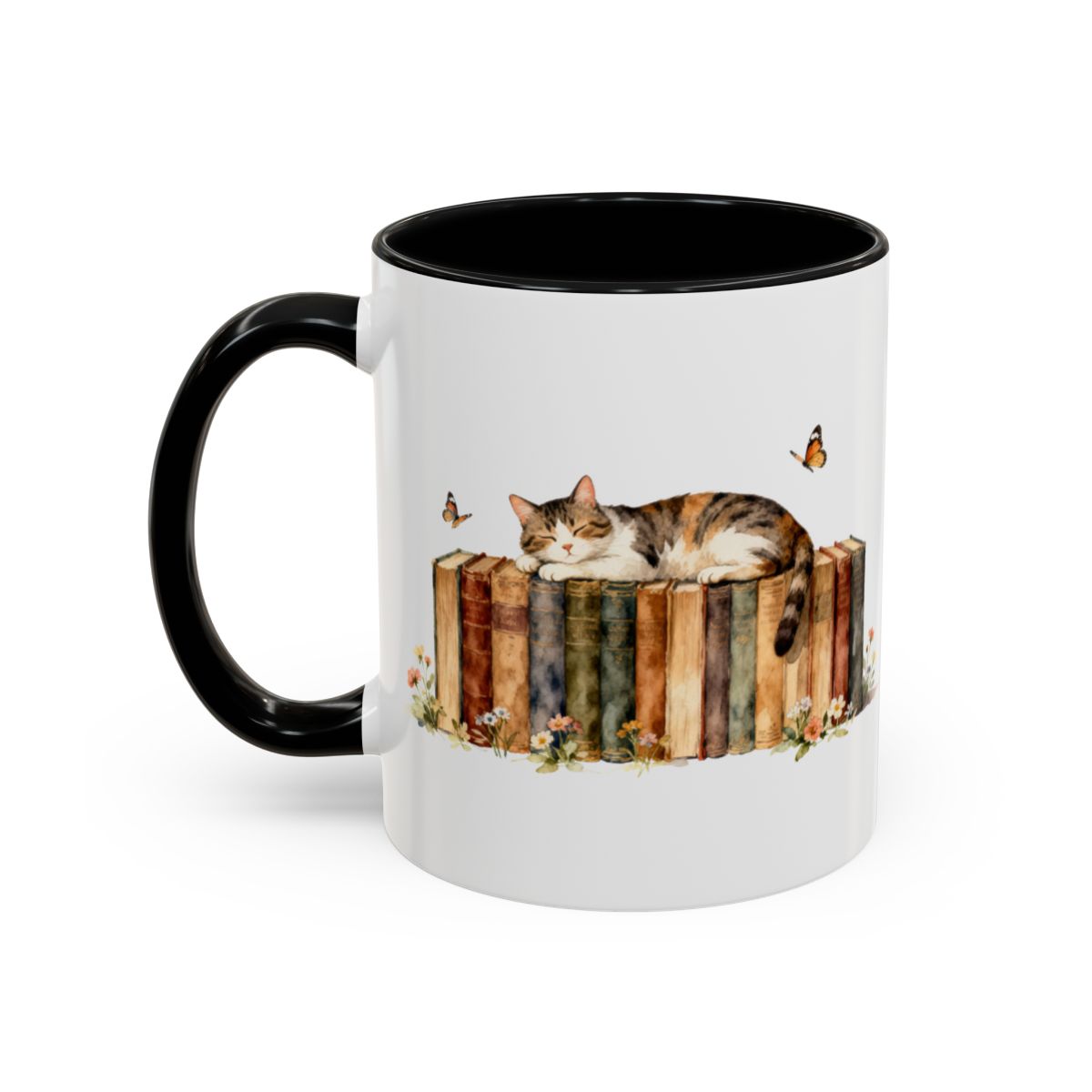 Adorable Cat on Books with Butterflies Mug product