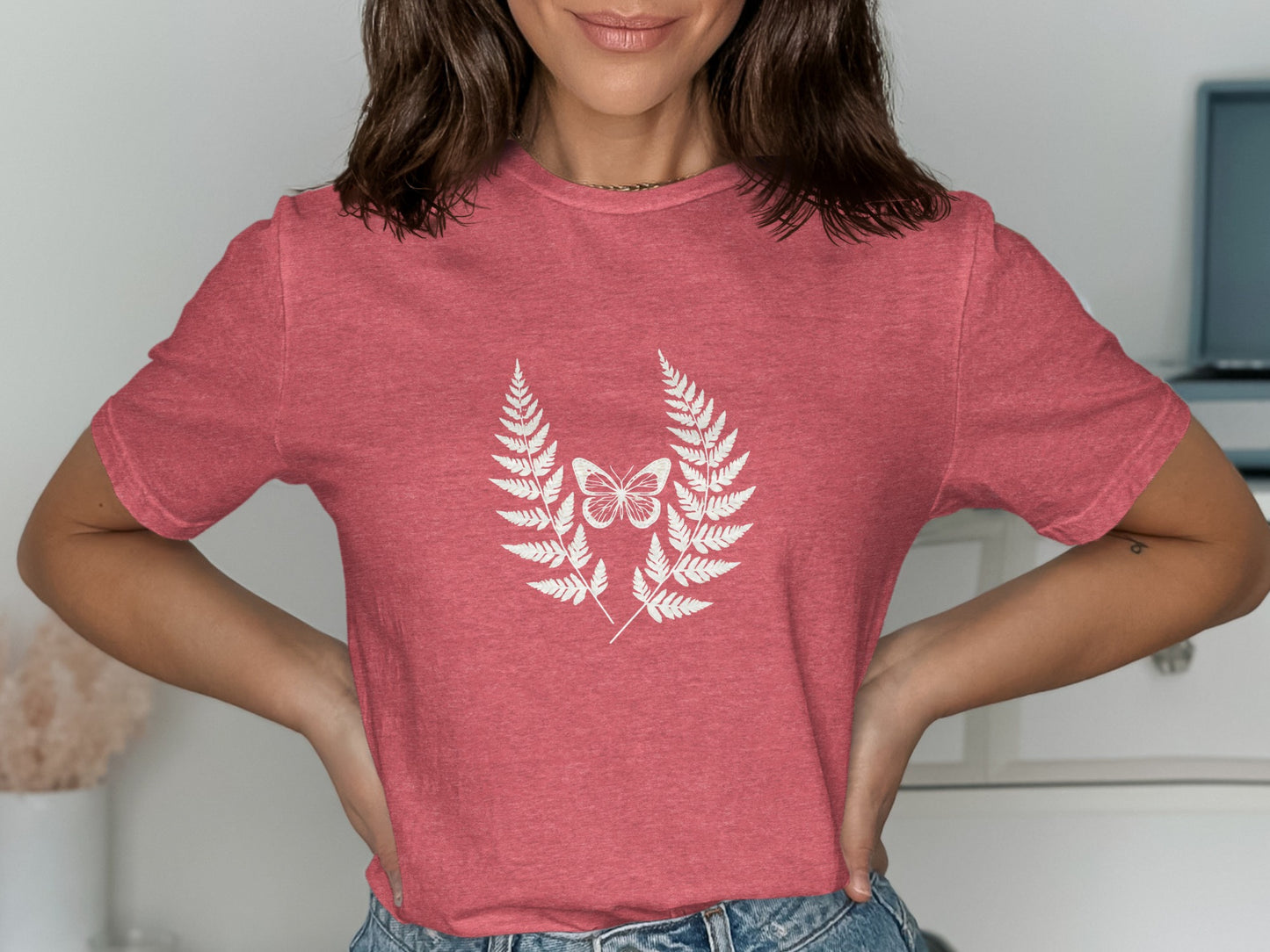 Pink Graphic Tee with Butterfly and Fern Design product type