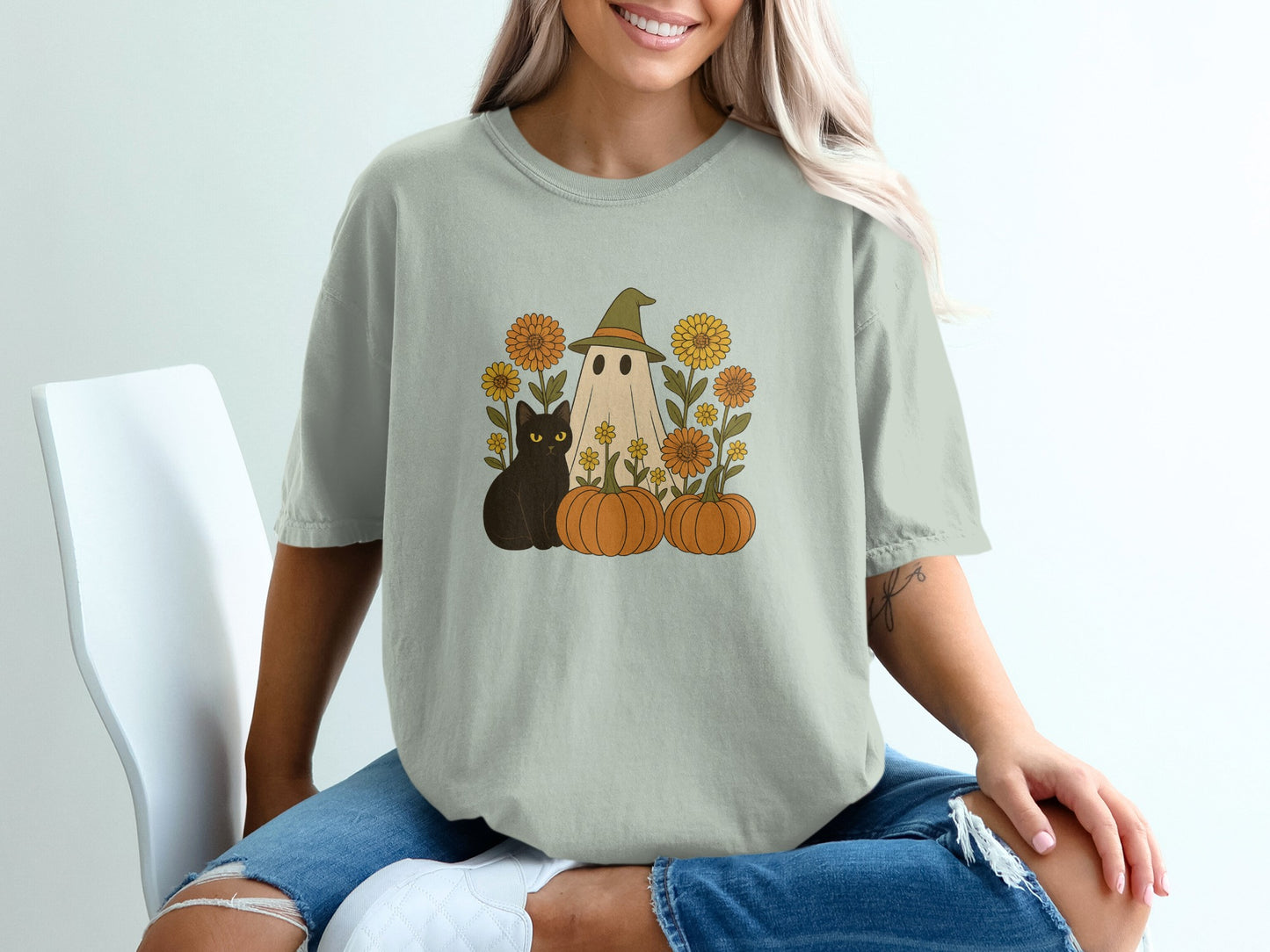 Halloween Ghost Black Cat and Pumpkins T-shirt product type