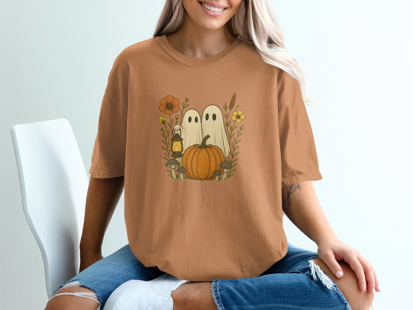 Cute Ghosts with Pumpkins and Flowers T-shirt product