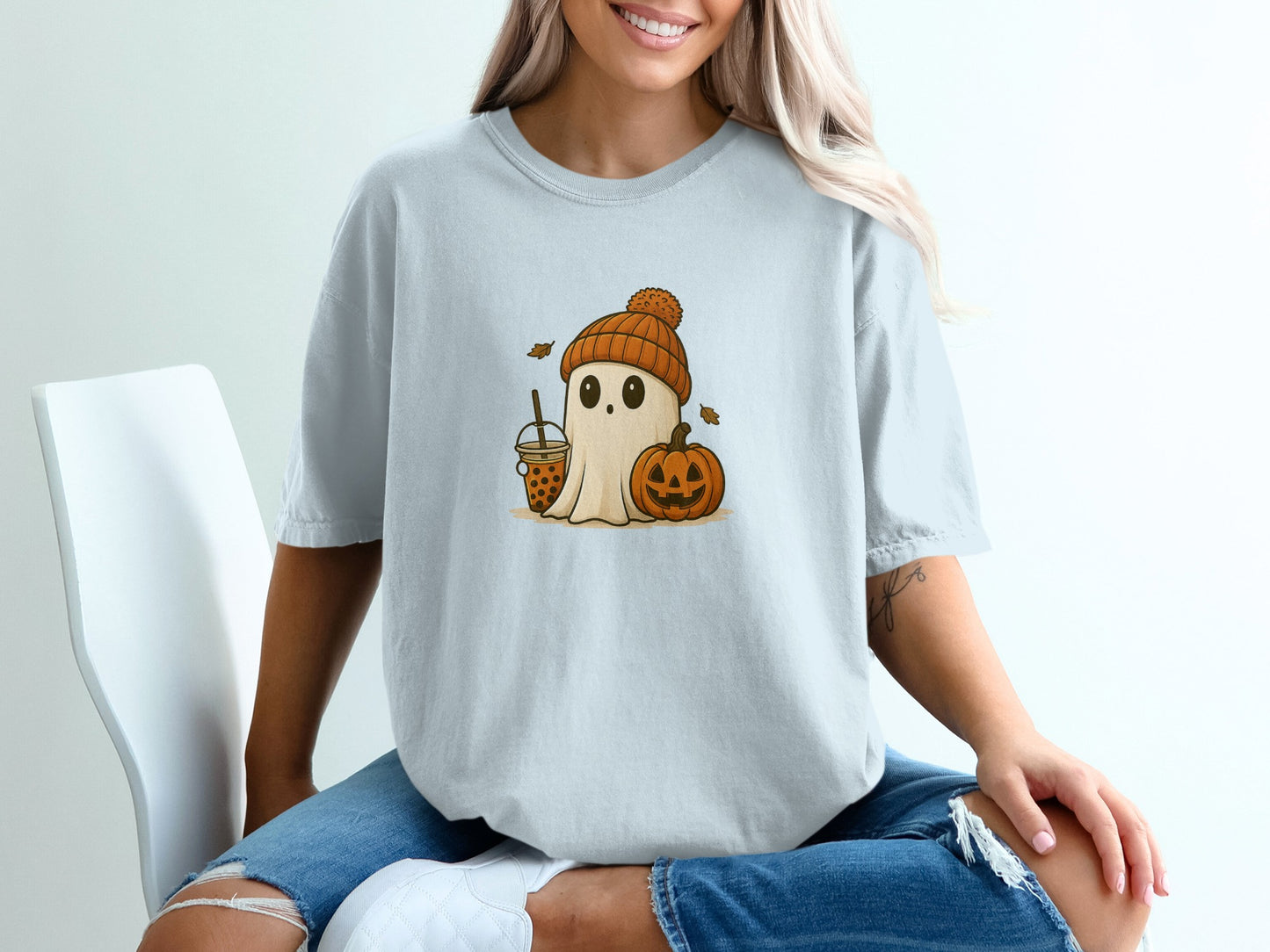 Cute Ghost with Pumpkin and Drink Graphic T-Shirt product