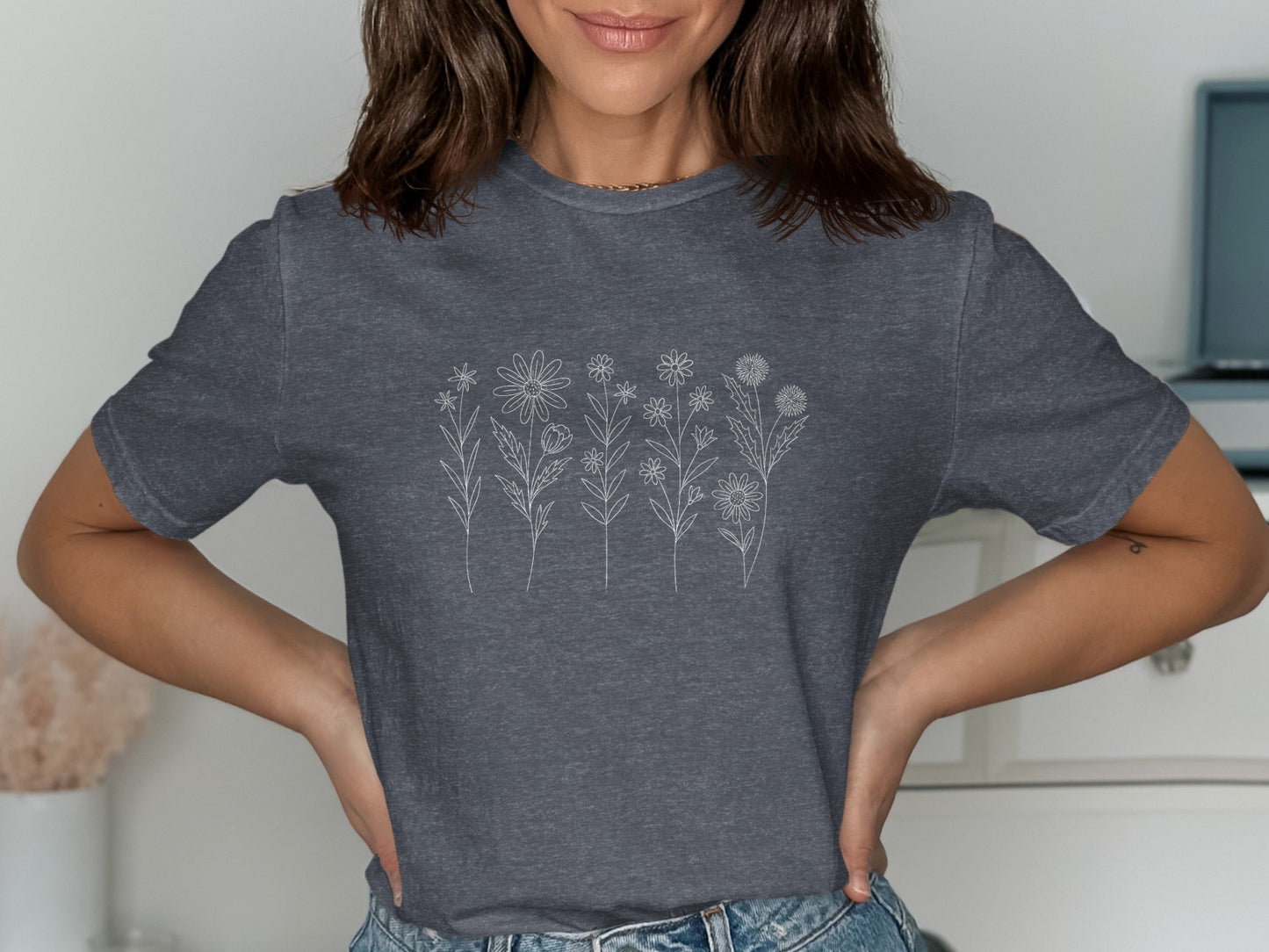 Floral Sketch Gray Tee with White design product type
