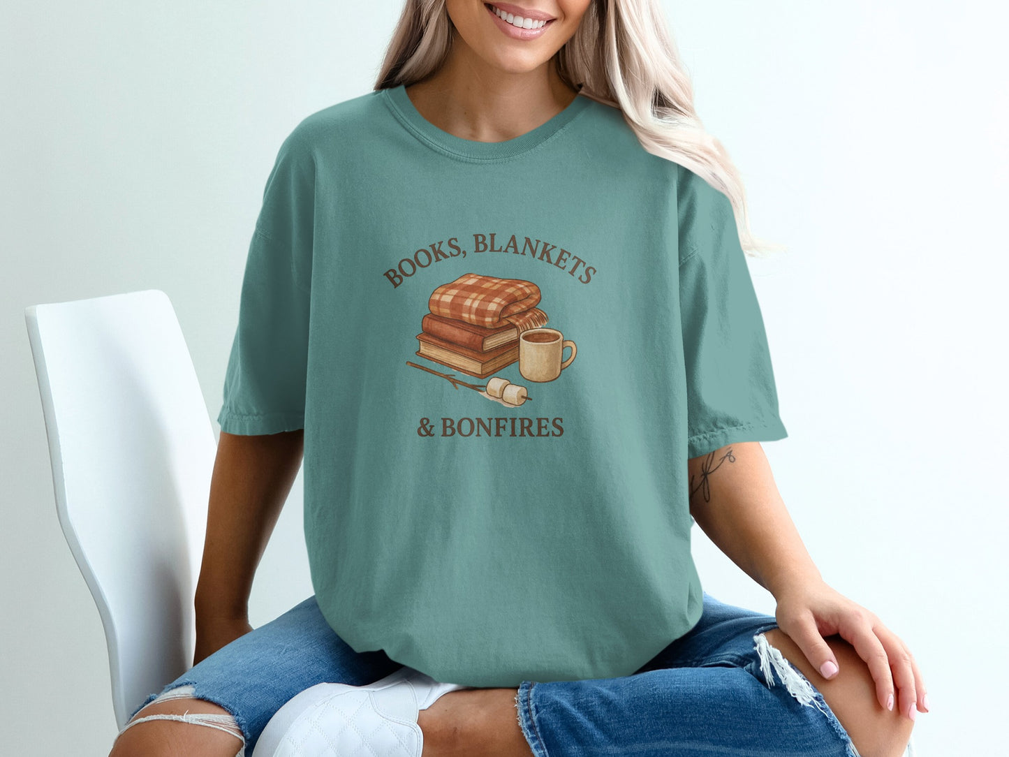 Cozy Books Blankets and Bonfires Graphic Tee product type
