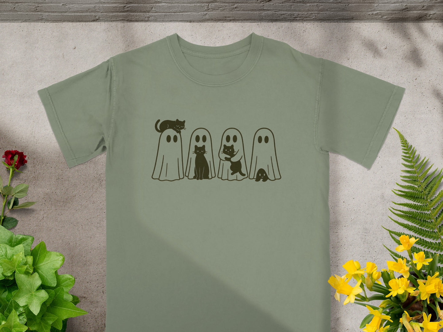 Cute Ghosts and Cats Graphic Light Green Shirt product