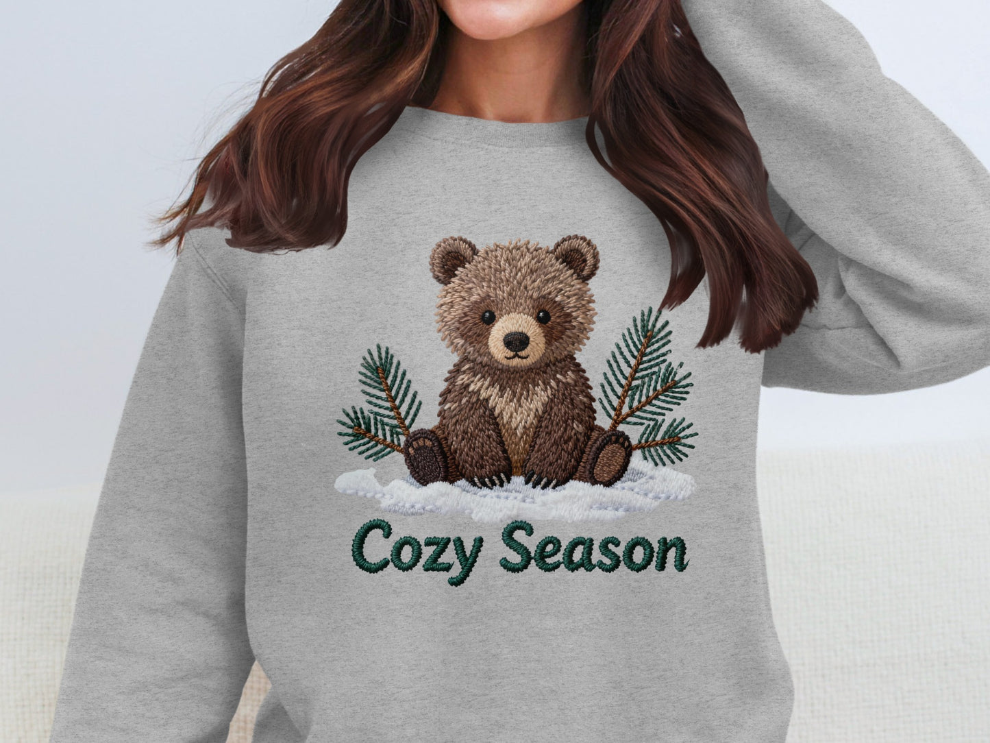 Cozy Season Bear Sweatshirt with Pine Tree Branch Design