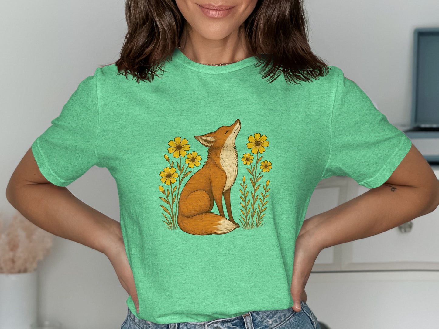 Fox and Floral Design on Green T-Shirt product