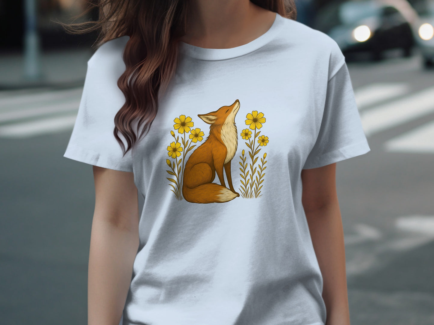 Vibrant Fox Artwork Surrounded by Yellow Florals T-shirt product