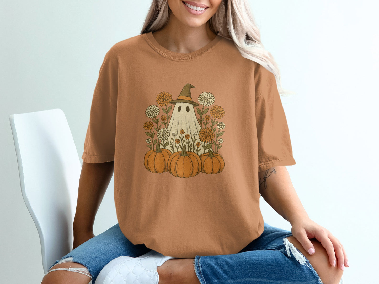 Whimsical Halloween Ghost with Pumpkins Shirt product