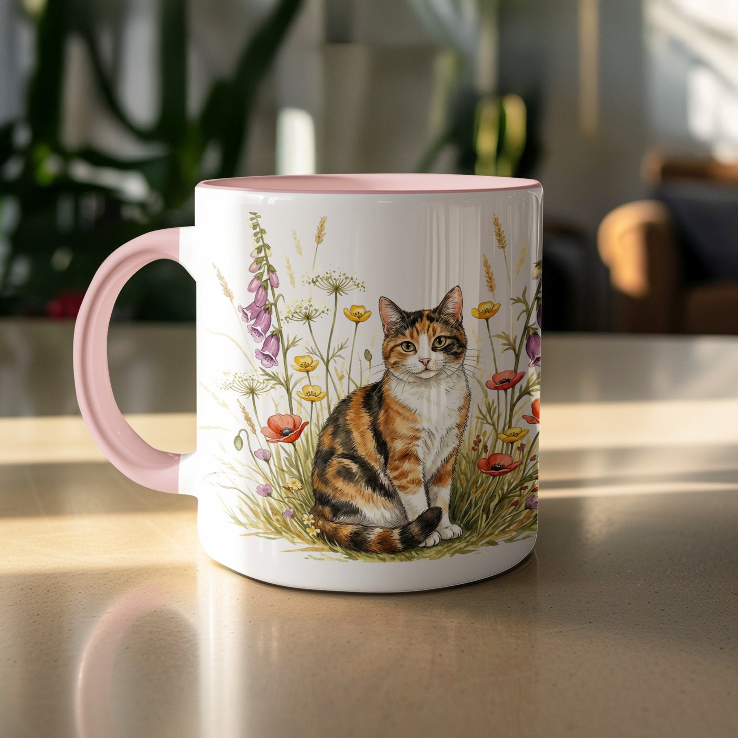 Cute Cat Sitting In Flowers Print Coffee Mug