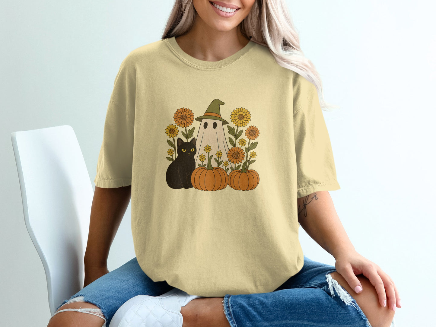Cute Ghost and Black Cat Halloween T-shirt product