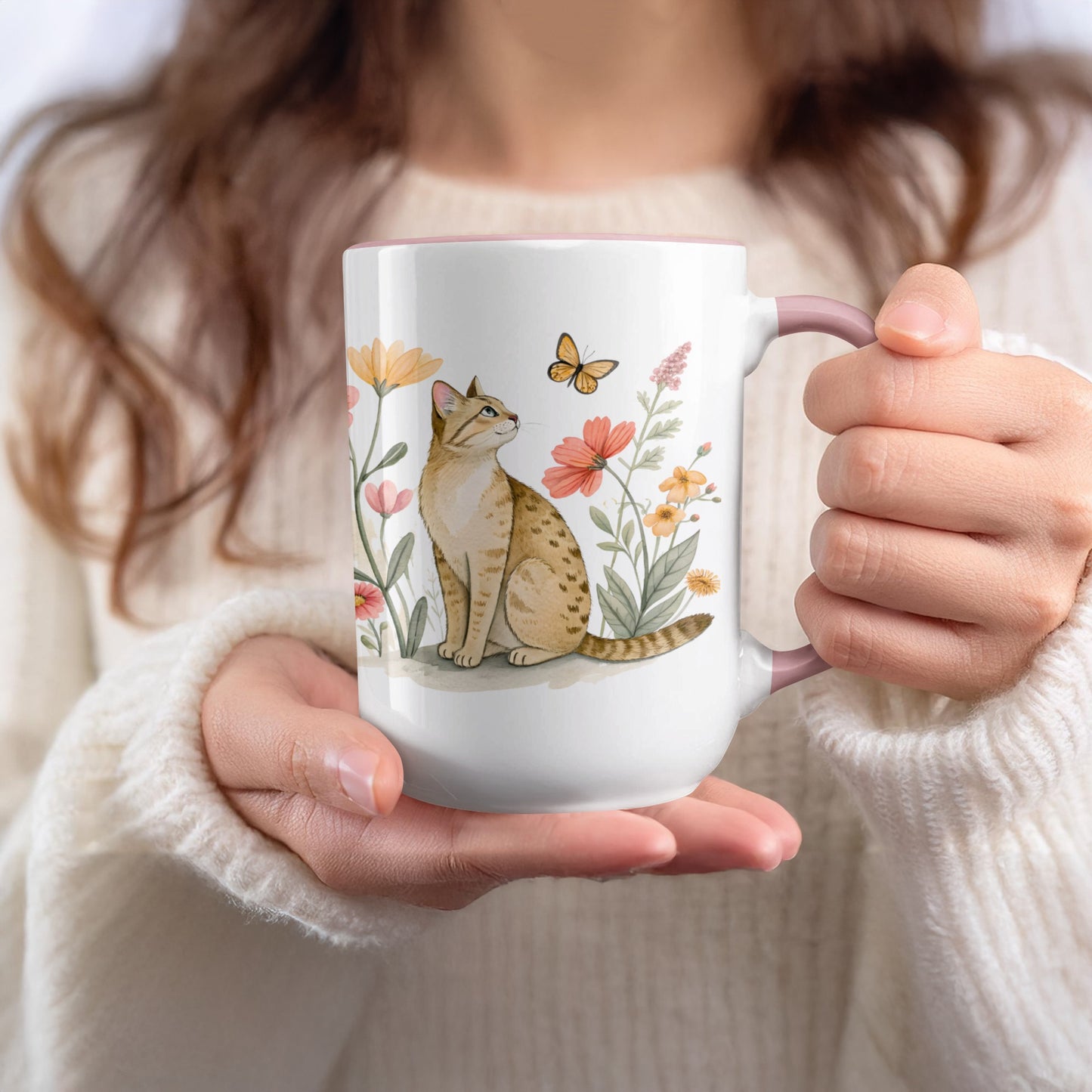 Cat and Butterfly Floral Coffee Mug