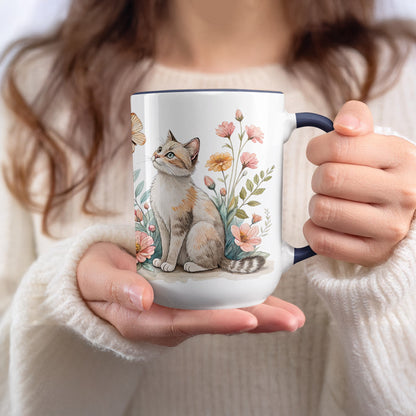 Adorable Cat and Floral Art Design Coffee Mug