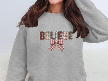 Believe Plaid Lettering and Bow Graphic Sweatshirt