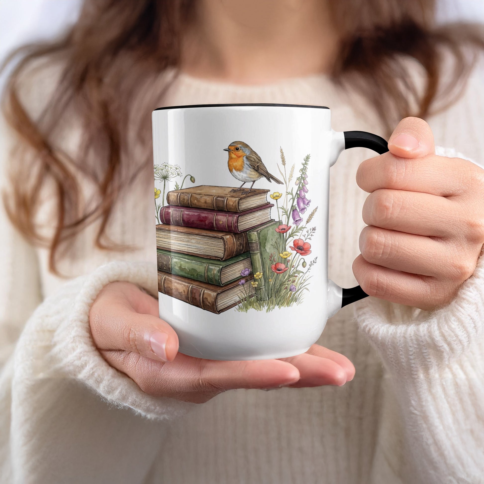 Bird and Vintage Books Design Mug for Coffee Lovers