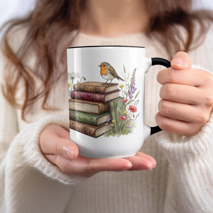 Bird and Vintage Books Design Mug for Coffee Lovers