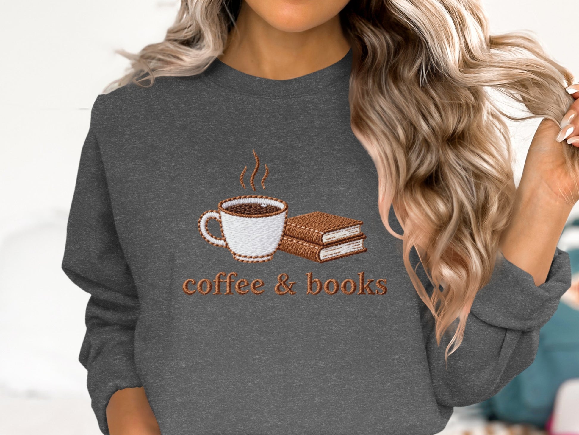 Coffee & Books Embroidered Sweatshirt