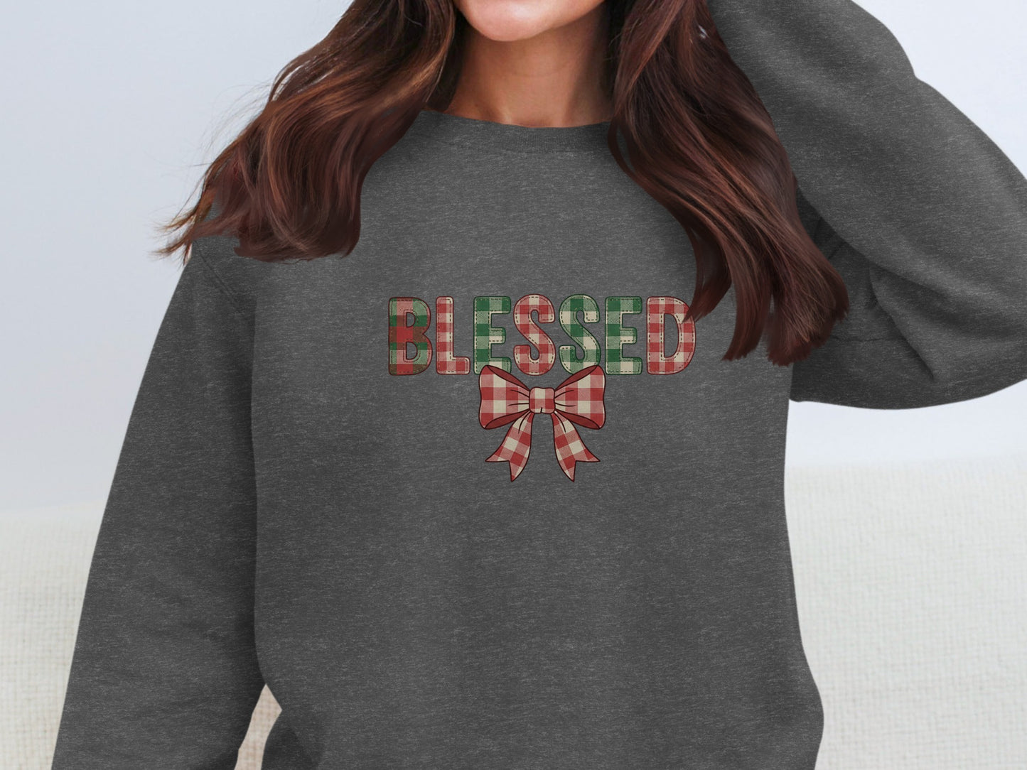 Blessed Plaid Bow Graphic Pullover Sweatshirt