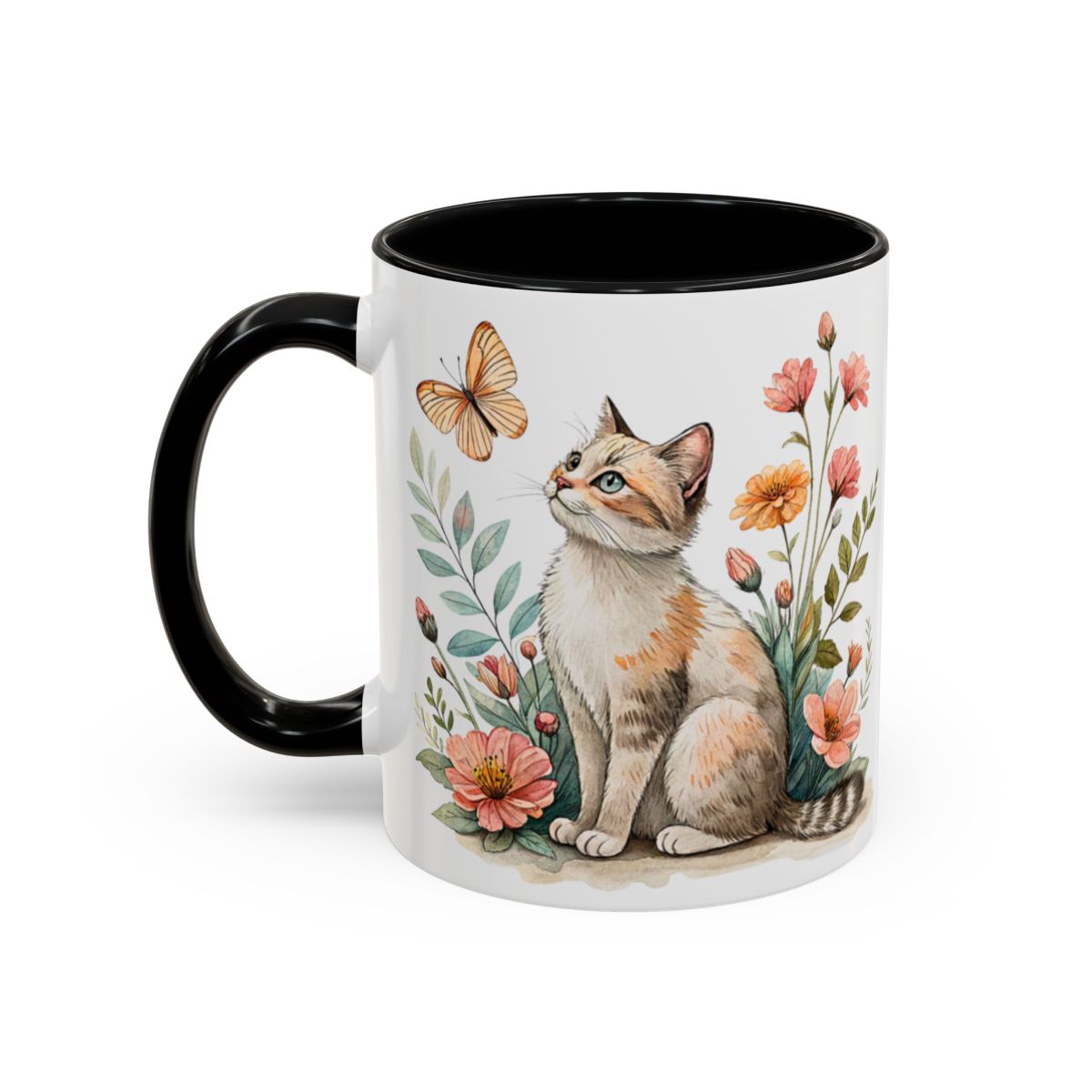 Charming Cat and Butterfly Floral Art Mug