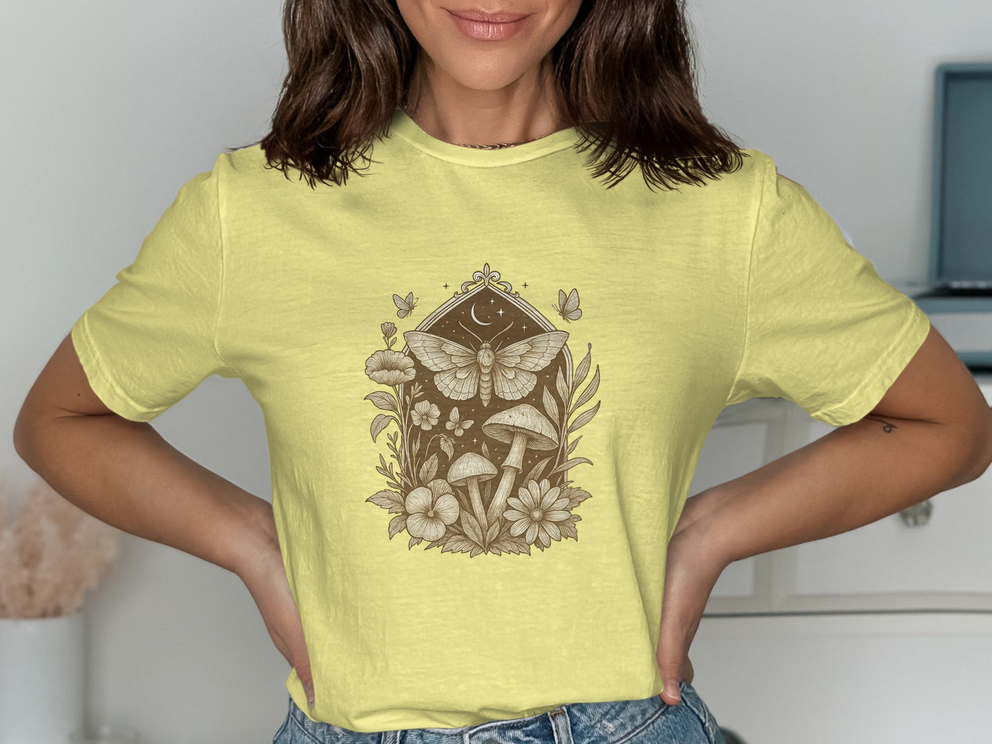 Vintage Insect and Floral Print Yellow T-shirt product